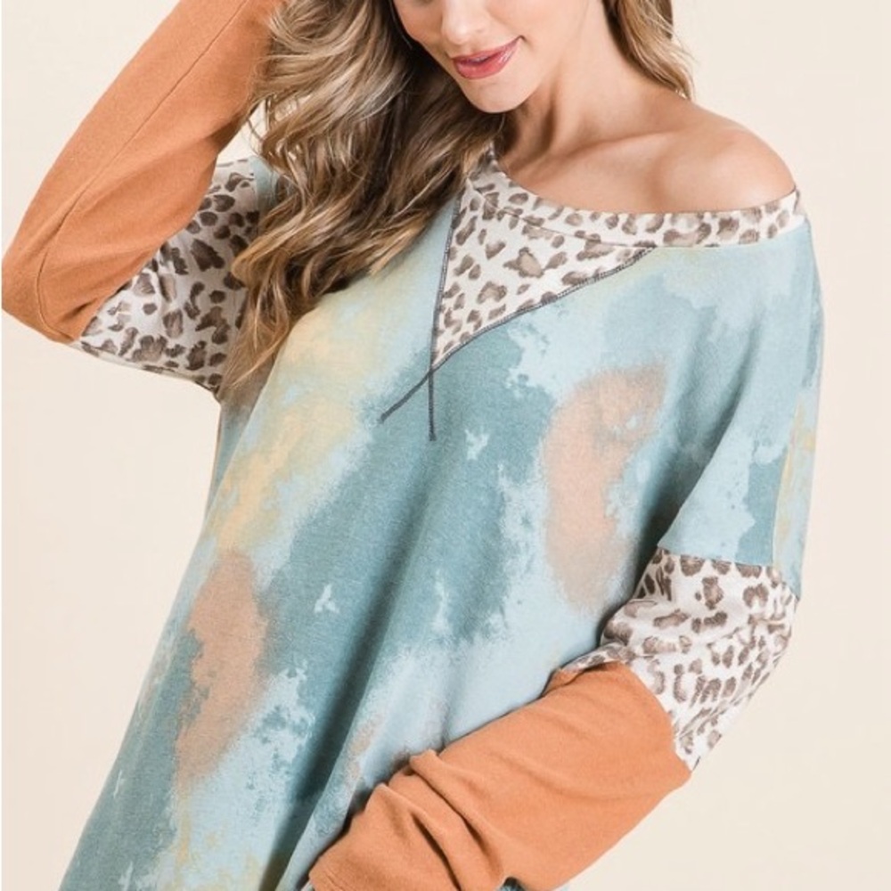 Tie-Dye Leopard Terry Round Neck Long Sleeve T-Shirt - Picture 4 of 6
